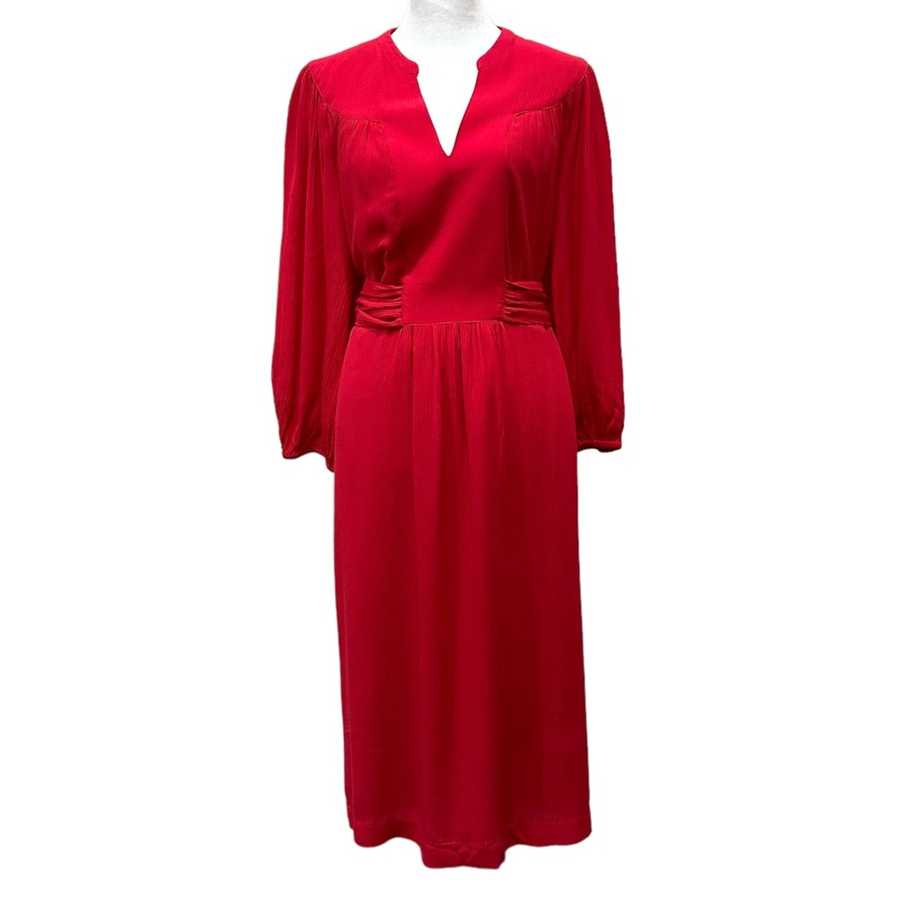 Boden Red Crepe Tie Back Balloon Sleeve Lined Midi Dress Size 12